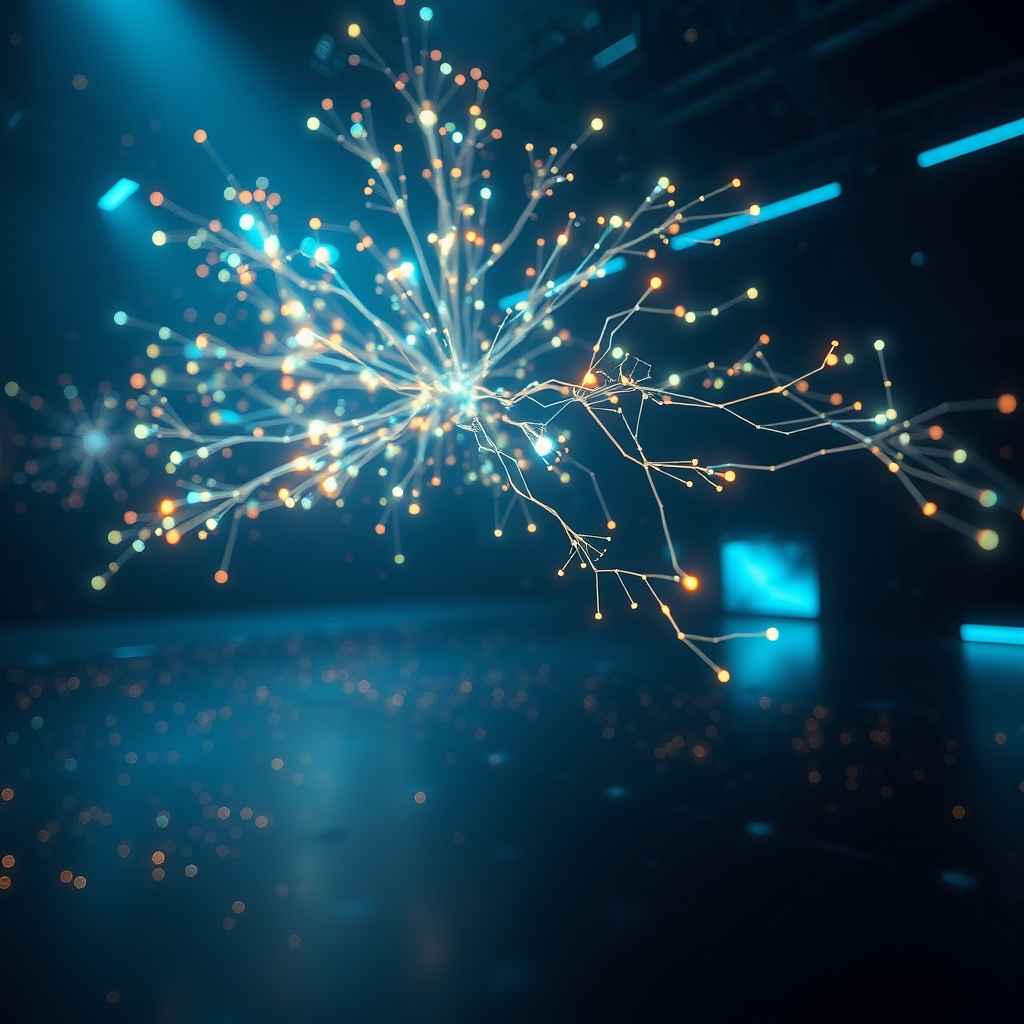 Abstract network of glowing connected nodes branching across a dark workspace, suggesting version history and data flow